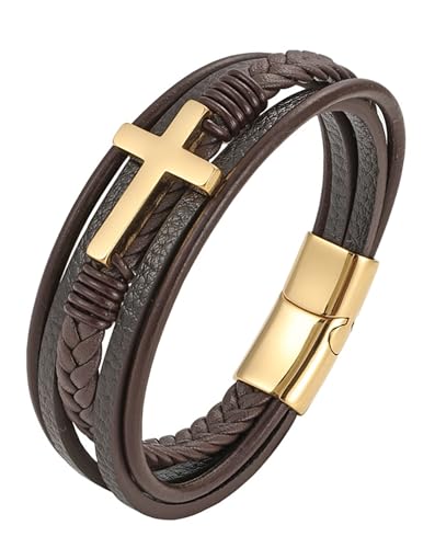 Cross Leather Bracelet for Men, Multi-Layer Braided Mens Religious Cuff Bracelets with Stainless Steel Clasp Anniversary Father's Day Birthday Christmas Jewelry Gifts for Him - color: Gold Clasp & Brown Leather