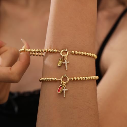 Korotho Cross Birthstone Bracelet for Women - Dainty Elastic 14K Gold Plated Bead Bracelets Trendy Waterproof Non Tarnish Birthday Jewelry Gifts Birthday Christmas Stocking Stuffer for Mom Friends - color: 10-October(Tourmaline)