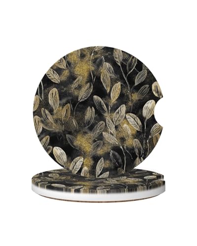 Ceramic Car Cup Coasters 2PCS - Golden Powder Leaves - color: Golden Powder Leaves