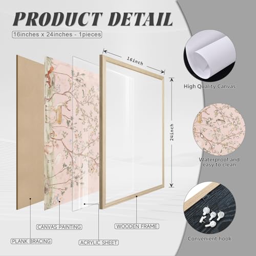 Pink Nursery Wall Art Vintage Chinoiserie Poster Baby Girl Room Canvas Wall Decor Cottagecore Animal Print Botanical Flower Deer Picture Girl Nursery Aesthetic Artwork for Bedroom 16x24 Inch Framed - color: Animals Tree Prints, size: 24"L x 16"W