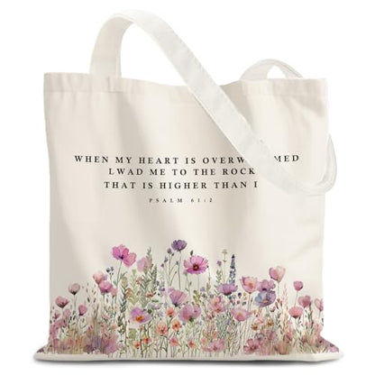 God Says You are Christian Canvas Tote Bags for Women, Inspirational Christian Gifts for Women - color: Floral Christian Psalm 61:2