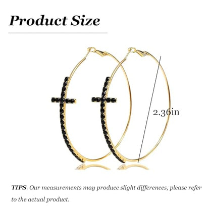 Large Cross Hoop Earrings for Women Sparkly Rhinestone Statement Jewelry for Prom Wedding Party Night Out Accessories Shiny Silver Tone Fashion Dangle Earings - color: Black