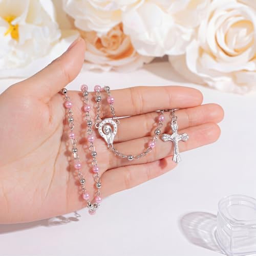 ROCEEI Catholic Rosary Necklace with Crucifix 4mm Beads - color: Pink