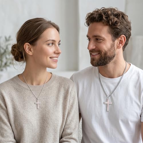 MRENITE Silver Natural Stone Cross Necklace, Classic Latin Cross Pendant Necklace for Unisex Women Man, Vintage Crystal Quartz Cross Necklace with 20+2 Inches Adjustable Cuban Chain - style: Rose Quartz