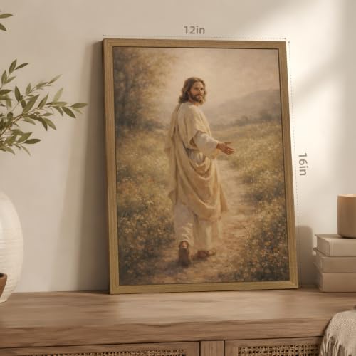 Dynazo Wood Framed Jesus Walking Wall Art, Christian Wall Decor, Inspirational Christian Faith Poster Print, Wildflower Landscape Religious Artwork for Living Room Bedroom Office 12x16 Inch - color: FollowJesus, size: 16"L x 12"W