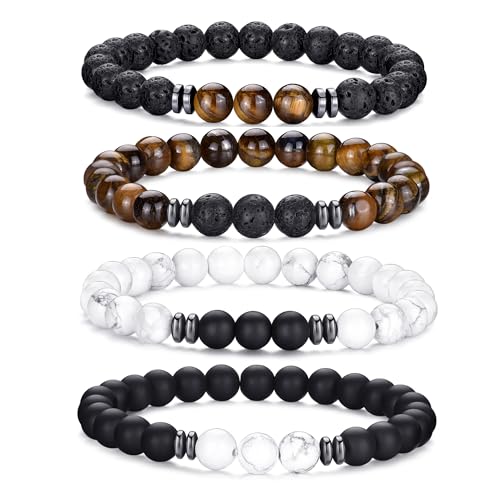 RANKEEF Tiger Eye Bracelet For Men 8MM Natural Stone Stretch Adjustable Black Crystal Beaded Bracelet for Men Women Gifts - color: 4,black,white,brown