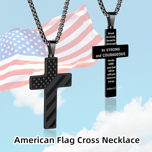American Flag Cross Necklace for Men, Christian Confirmation Baptism Gifts - color: Black, style: Joshua 1:9