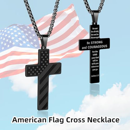 American Flag Cross Necklace for Men, Christian Confirmation Baptism Gifts - color: Black, style: Joshua 1:9