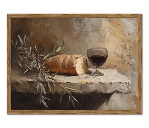Christian Kitchen Communion Still Life Wall Art Bread and Wine Religion Wall Decor Painting Last Supper Dining Room Poster Canvas Print Cuadro Para Comedor for Farmhouse 16x24 inch Wood Framed - color: Jesus-B, size: 24"L x 16"W