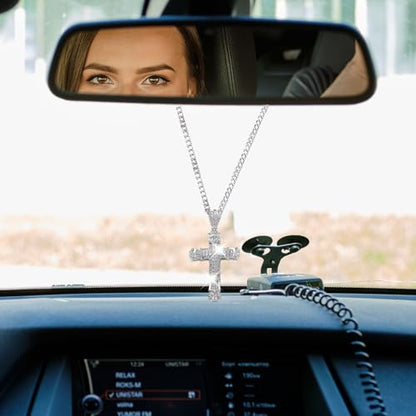 Bling Religious cross Diamond Car Accessories for Women, Crystal Car Rear View Mirror Charms Car Decoration, Lucky Hanging Interior Ornament Pendant