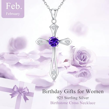 Cross Necklace for Women,925 Sterling Silver Faith Jewerly Gift - color: 02-February-Amethyst