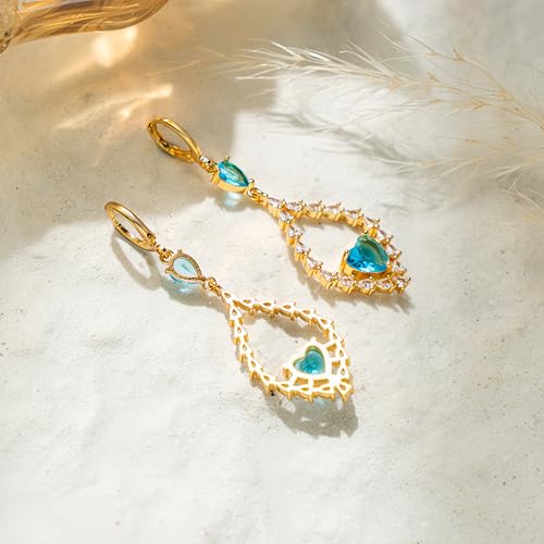 18K Gold Plated, Dangle Earrings for Women, Flower/Heart Drop earrings, Hypoallergenic Cubic Zirconia Earrings, Lightweight, Party, gold earrings, Jewelry for Gifts, Fashion - style: 7508-Blue
