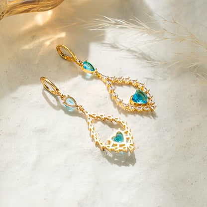 18K Gold Plated, Dangle Earrings for Women, Flower/Heart Drop earrings, Hypoallergenic Cubic Zirconia Earrings, Lightweight, Party, gold earrings, Jewelry for Gifts, Fashion - style: 7508-Blue
