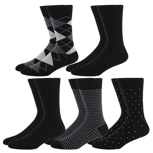 Men's Colorful Striped Dress Socks, 5-Pack Cotton, Sock Size 10-13 - color: Classic Black & Gray Mix