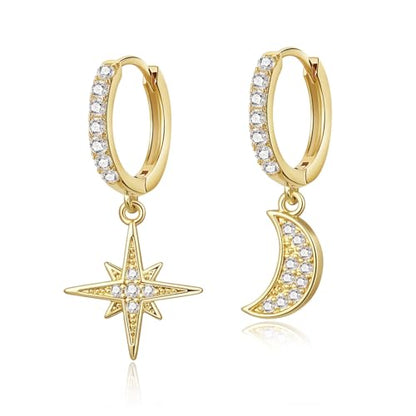 14K Gold Earring Cross Waterdrop Butterfly Heart Knot Earrings for Women Gold Silver Cross Leverback Drop Gold Silver Teardrop Hoop Dangle Earring White Gold Dangle Drop Earring - color: Gold-Moon Star Earrings