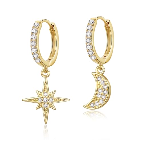 14K Gold Earring Cross Waterdrop Butterfly Heart Knot Earrings for Women Gold Silver Cross Leverback Drop Gold Silver Teardrop Hoop Dangle Earring White Gold Dangle Drop Earring - color: Gold-Moon Star Earrings