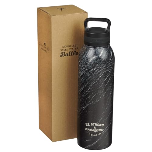 Christian Art Gifts Stainless Steel Double Wall Vacuum Insulated Water Bottle for Men & Women: Strong & Courageous - Joshua 1:9 Inspirational Verse w/Carry Handle Lid, Black/Granite/Slate, 24 oz. - color: Black Marble/Swirl - Strong & Courageous
