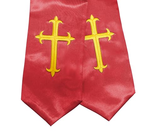Unisex Clergy Stole with Embroidery Cross 72", Traditional Choir Stole - color: Red