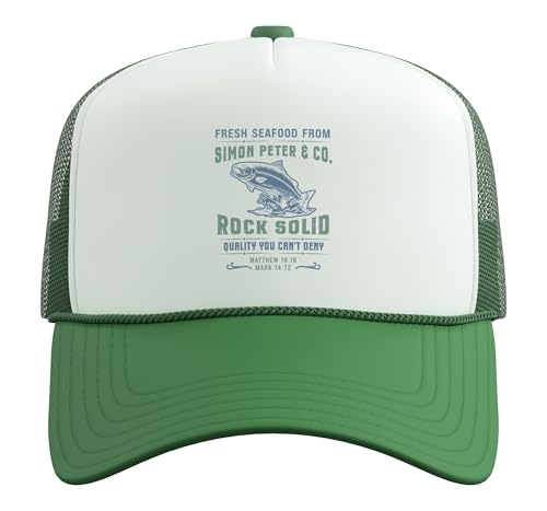 Christian Faith Jesus Simon Peter Funny Seafood Bible Verse Trucker Hat with Adjustable Mesh Back - color: Kelly Green/White