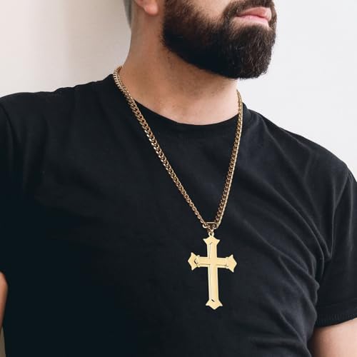 HZMAN Large Stainless Steel Christian Faith Cross Necklace for Men - color: Gold-1