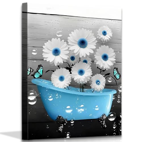 QPOKLAF Blue Bathroom Wall Art Canvas Prints Farmhouse Wall Deocr,Blue Tub Flower Posters Washroom Aesthetic Decoration 12x16inch Framed - color: Blue Tub Flower Farmhouse Wall Deocr (Ready to Hang)