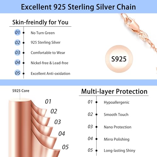 Jewlpire 18k Gold Plated 925 Sterling Silver Chain Necklace for Women, 1.1mm Cable Chains Necklace Thin & Dainty & Sturdy Women's Chain Necklaces, 14/16/17/18/20/22/24 Inches - color: Rose Gold, size: 14 Inch