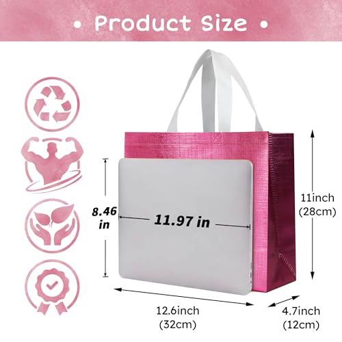 cabzymx 16 Pcs Pink Reusable Gift Bags, Metallic Bling Design Holiday Gift Bag with Handles & Bases, Non-woven Goodie Bag Bulk for Birthday, Wedding, Parties, Graduation- 12.6x4.7x11 In - color: Pink, size: 1 Count (Pack of 16)