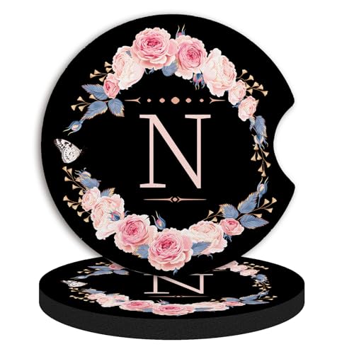 2pcs Letter N Car Coasters,Absorbent Universal neoprener Cup Holder Coasters with a Finger Notch,Car Accessories for Women&Man Interior，2.75" - color: N