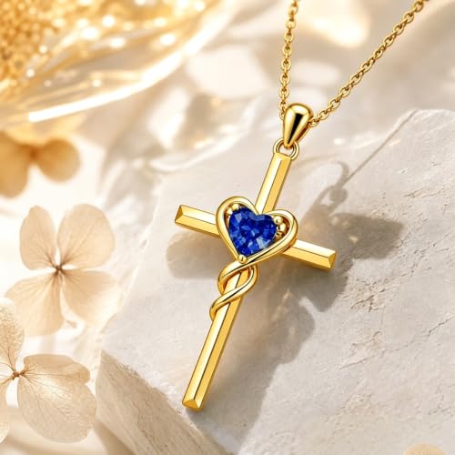 Birthstone Cross Necklace for Women 14K Gold Plated Heart Infinity Cross Pendant Necklace Christian Religious Jewelry Anniversary Birthday Gifts for Wife Mom Her - color: Sept/Sapphire