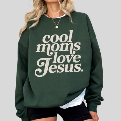 FITIN Cool Moms Love Jesus Christian Graphic Crewneck Sweatshirt – Distressed Design Faith-Based Pullover - color: Forest Green, size: XX-Large
