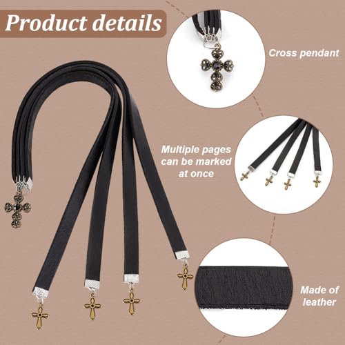 FINGERINSPIRE 2 Pcs Leather Bookmark 13.9x0.4 inch Cowhide Leather Bible Bookmarks with 4 Ribbon Book Mark with Alloy Cross Pendant Black Christian Leather Bookmark for Women Men Book Lovers - color: Cross Pendant