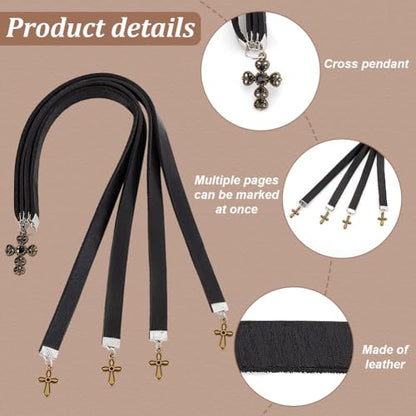 FINGERINSPIRE 2 Pcs Leather Bookmark 13.9x0.4 inch Cowhide Leather Bible Bookmarks with 4 Ribbon Book Mark with Alloy Cross Pendant Black Christian Leather Bookmark for Women Men Book Lovers - color: Cross Pendant