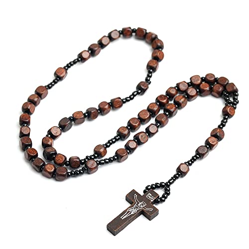 COLORFUL BLING Natural Wooden Catholic Rosaries Wood Crucifix Prayer Beads Pendant Necklace Prayer Jesus Religious Cross Rosary Necklace Handmade Jewelry - color: square dark