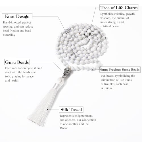 INBLUE 108 Mala Prayer Beads Wrap Necklace with Long Tassel Boho Necklace for Women Amazonite Bead Bracelet with Spiritual Tree of Life Pendant 108 Beads Necklace for Meditation - color: Natural White Howlite