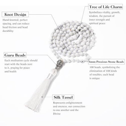 INBLUE 108 Mala Prayer Beads Wrap Necklace with Long Tassel Boho Necklace for Women Amazonite Bead Bracelet with Spiritual Tree of Life Pendant 108 Beads Necklace for Meditation - color: Natural White Howlite
