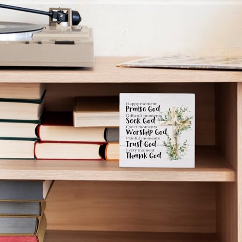 Praise God Bible Verse Wood Sign, Christian Gift, 5x5 inches, Burlwood - color: Praise God