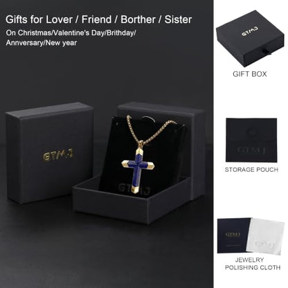 Lapis Lazuli/Amethyst Cross Necklace for Men Waterproof and Sweat-Resistant Suitable for both men and women With Adjustable Box Chain Christian Jewelry Father Day Gifts for Men - color: Blue&Gold
