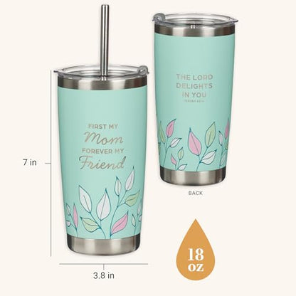Christian Art Gifts Reusable Stainless Steel Tumbler Travel Mug & Straw - color: Mint Green/Mom
