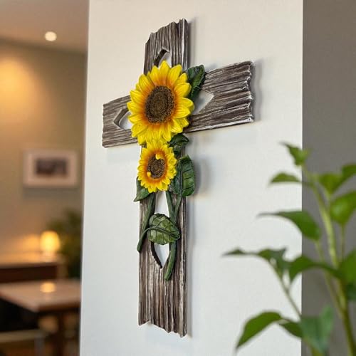 Top Brass Rustic Sunflower Wall Cross – 12” Inspirational Christian Home Décor with Sunflowers & Weathered Wood-Look Finish – Decorative Resin Garden Art