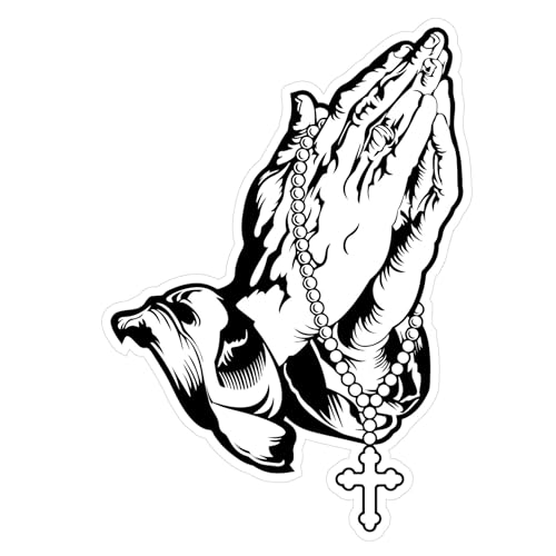 Praying Hands and Rosary Car Decal Show Off Your Faith - Premium Gloss Permanent Vinyl Sticker - Black & White - Waterproof and Weatherproof