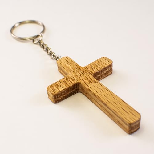 Wooden Cross Keychain, Solid Oak Christian Key Ring, Handmade in USA, Faith Gift for Men and Women, 2.5 x 1.75 x 0.25 Inches, Baptism or Confirmation Gift