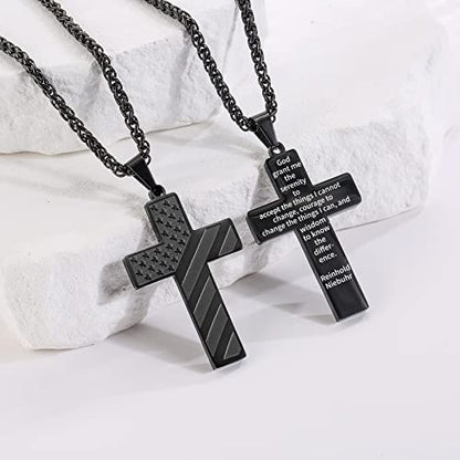 DuoDiner 18+2" Cross Necklace for Men Boys Christian Confirmation Gifts - color: Black, style: Serenity Prayer