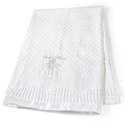 Baby Blanket for Boys Girls God Bless Easter Baptism Christening Shawl White Soft Knit Receiving Swaddle Newborn Unisex Summer Autumn Winter Nursing Cover - color: God Bless Blanket