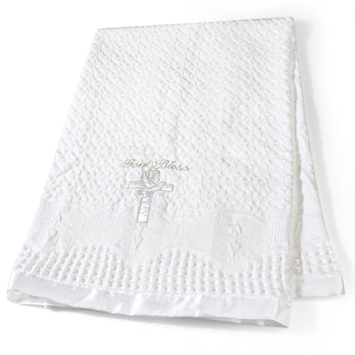 Baby Blanket for Boys Girls God Bless Easter Baptism Christening Shawl White Soft Knit Receiving Swaddle Newborn Unisex Summer Autumn Winter Nursing Cover - color: God Bless Blanket