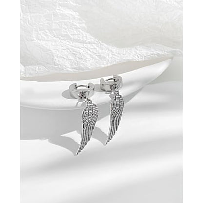 Angel Wings Huggie Hoop Earrings for Women Men Punk Stainless Steel Silver Feather Dangle Drop Earrings Trendy Mini Small Cuff Hoop Earring Hypoallergenic Wing Statement Earring Halloween Birthday Party Jewelry
