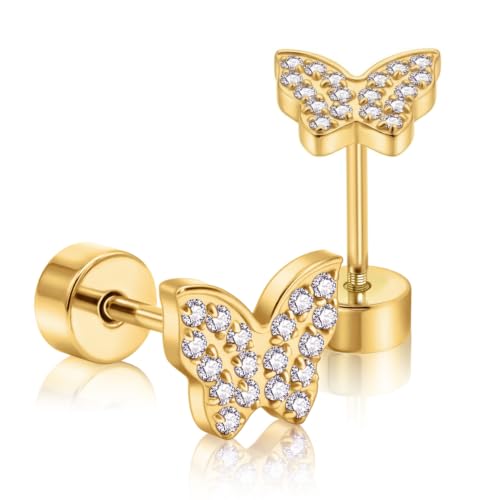 XUU 20G Flat Back Stud Earrings ASTM F136 Titanium & Sparkling CZ - color: gold butterfly