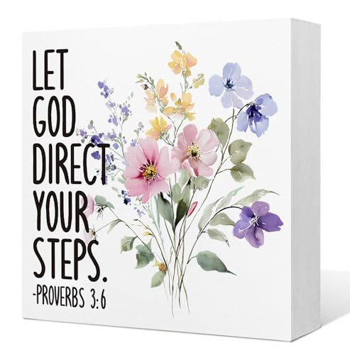 Christian Floral Wooden Box Sign, Christian Home Decor, Bible Verse Let God Direct Your Steps Proverbs 3:6 Religious Wood Signs for Home Office Desk Table Shelf Decoration, 5x5 Inch - color: Christian Floral