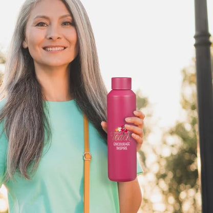 Christian Art Gifts Stainless Steel Double Wall Vacuum Sealed Travel Insulated Water Bottle for Women & Teachers: Teach, Encourage, Inspire Cute Leak/Spill-proof Scratch Resistant, Fuschia Pink, 20 oz - color: Teach/Fuschia