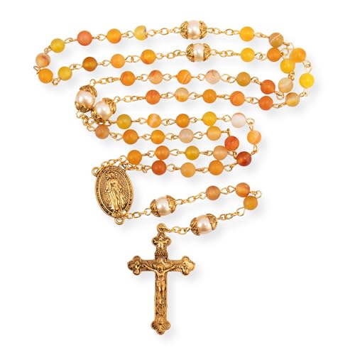 Nazareth Store Catholic Rosary Necklace Matte Stone Beads Green Pearl Round Beads Miraculous Medal & Cross - Velvet Bag - color: Yellow