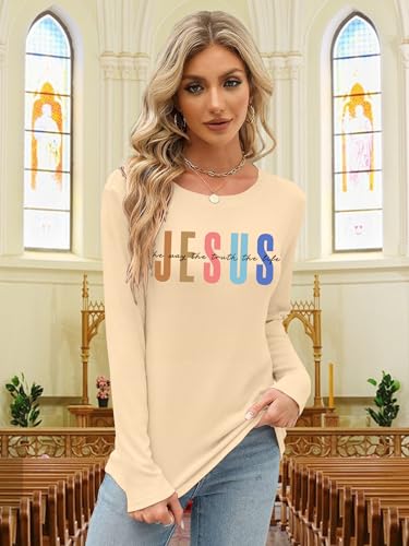 Christian Shirts for Women: Faith Over Fear T Shirt Religious Graphic Tee Bibel Verse Long Sleeve Tops - color: Apricot, size: X-Large